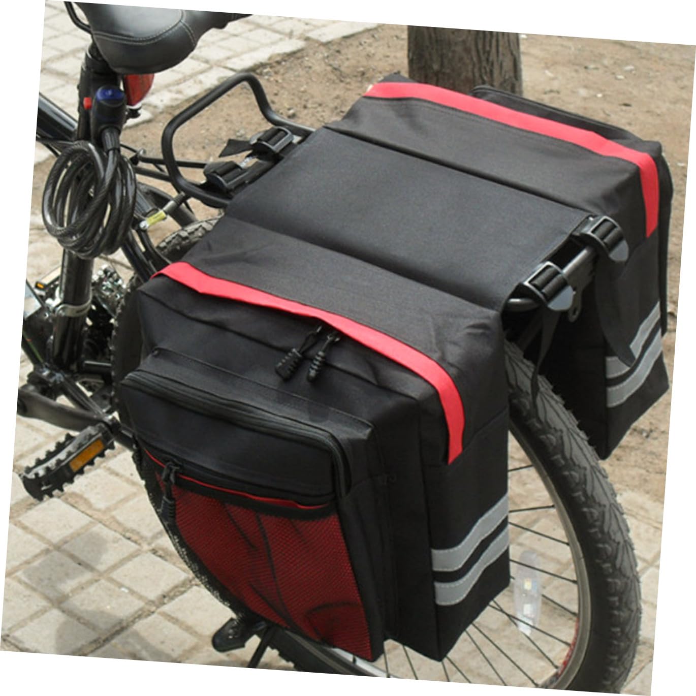 BESPORTBLE Borsa Posteriore per Portapacchi Bici Rossa, Pvc, Capiente | Installazione Semplice, Tasche a Rete per Oggetti Piccoli, Compatibile Fanale Posteriore