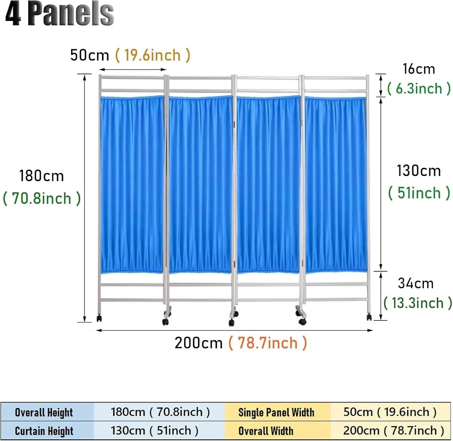 4 Panel Rolling Medical Privacy Screen On Wheels, Portable Room Divider On Wheels, 180cm High Folding Room Divider for Hospital/Office/Beauty Salon
