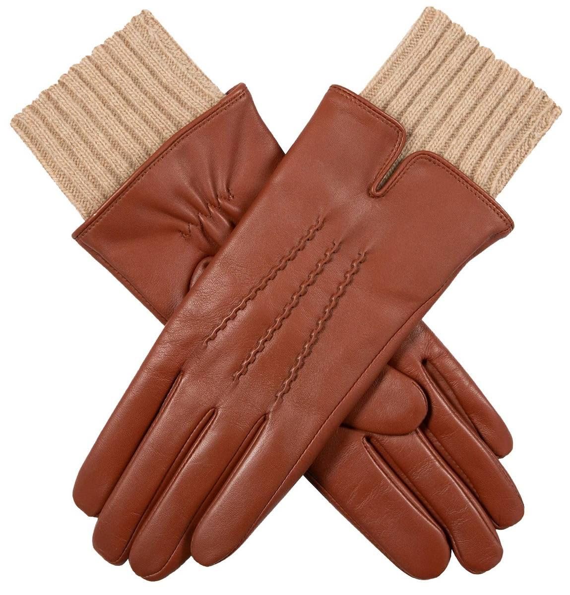Dents Women's Tan Tamara Knitted Cuff Leather Gloves - Cognac /Camel - Large