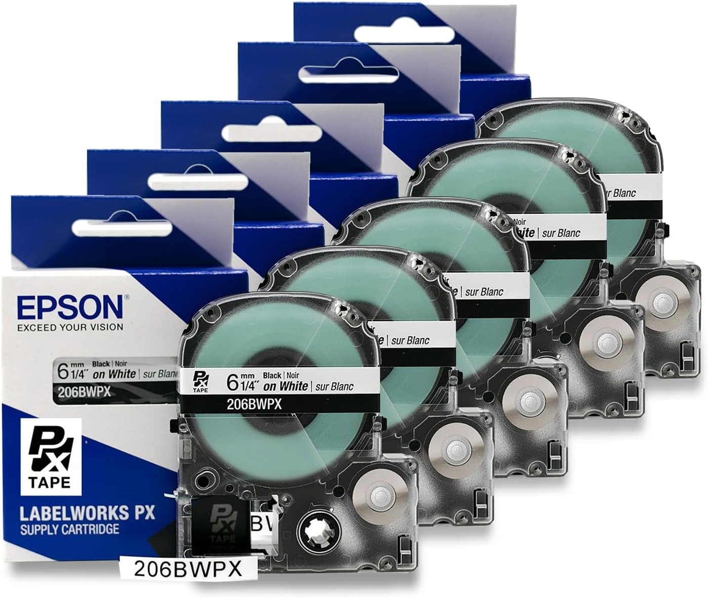 Epson LABELWORKS 206BWPX-5PK Genuine PET (Polyester) Tape Cartridge - 5 Unit Pack of Black on White Standard Industrial Label Maker Tape - 1/4" (6MM) Wide, 30 ft - 5 Pack