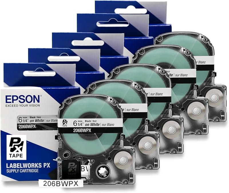 Epson LABELWORKS 206BWPX-5PK Label Tape - Black on White - 1/4" (6mm), 30ft | Genuine Epson PET polyester label tape, water & abrasion resistant, for LABELWORKS PX label makers, Black on White, 6mm, 30ft