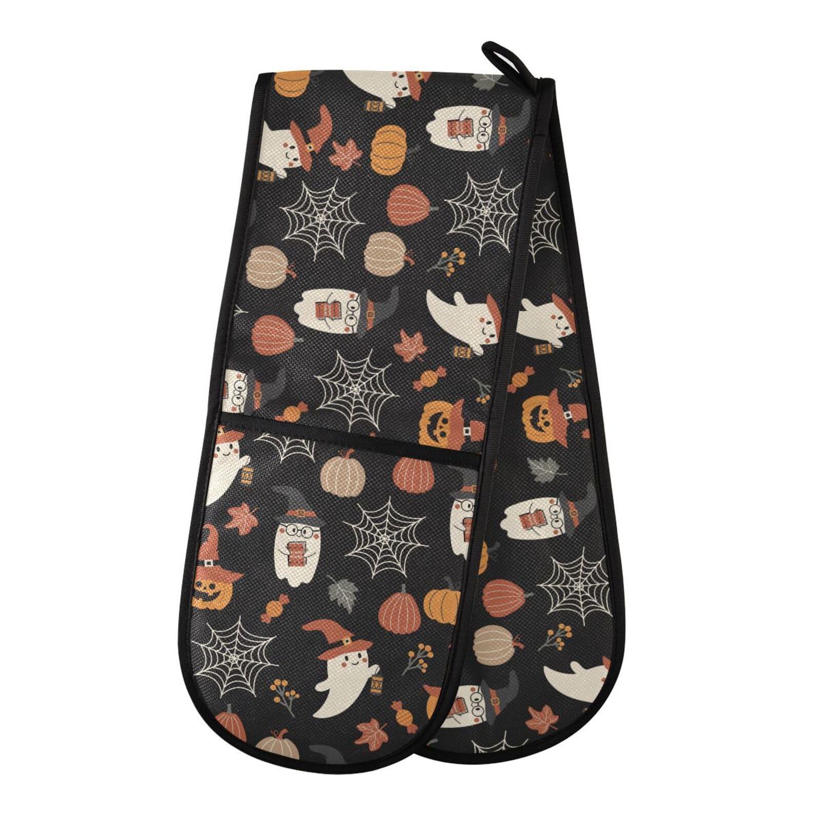 Double Oven Gloves Halloween Cute Ghosts Spider Web Pumpkins Heat Resistant Pot Holder Oven Mitt Gloves for BBQ Cooking Baking Grilling Microwave
