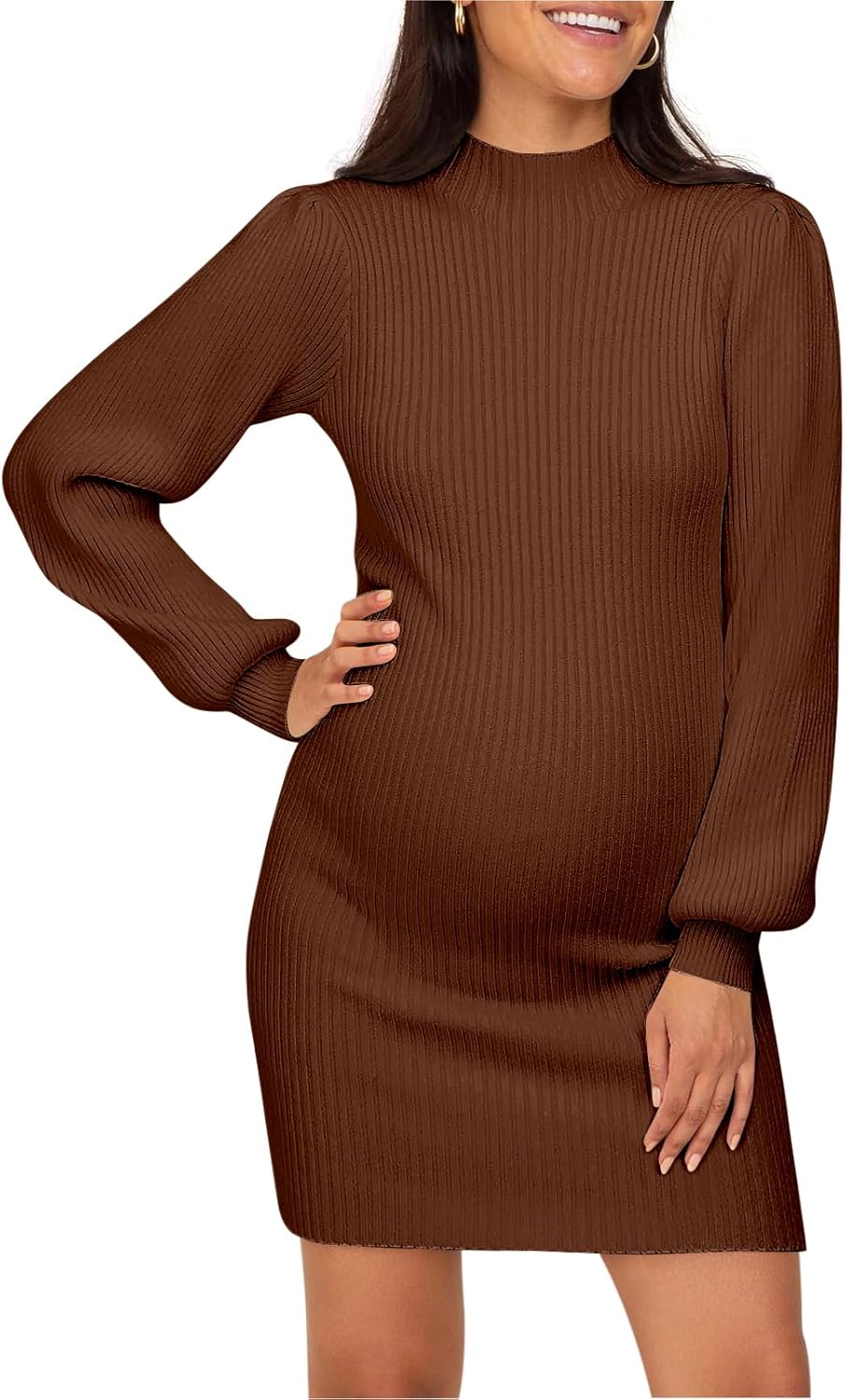 Lueluoye Maternity Sweater Dress for Pregnant Women Turtleneck Puff Sleeve Knit Slim Fit Bodycon Mini Dress