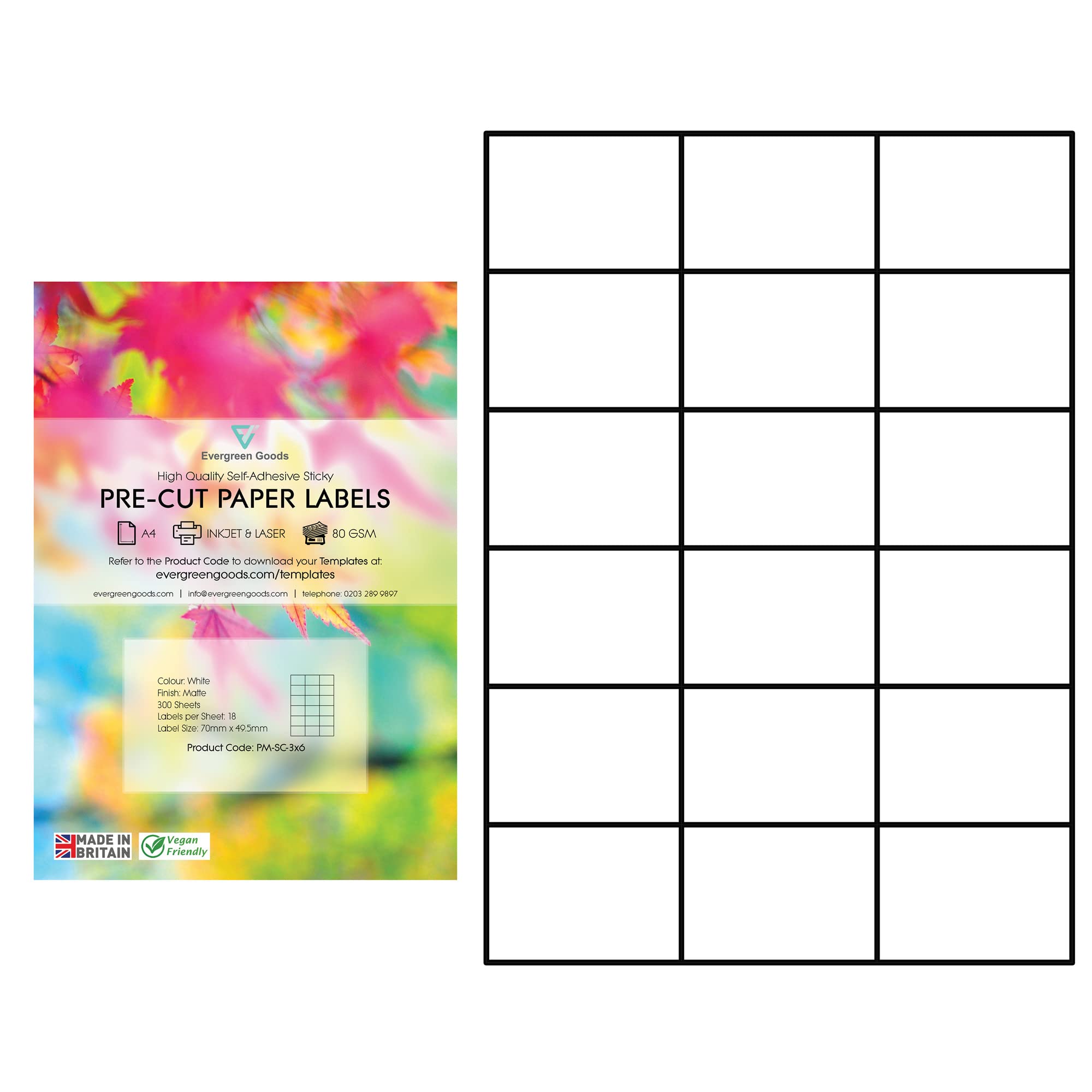 Evergreen Goods A4 Precut Matte White Self Adhesive Paper | Inkjet & Laser Printable | Strong Sticky Back Multi Purpose Printing Labels | 3x6, 18 per A4: 5,400 Labels in Total | 300 Sheets