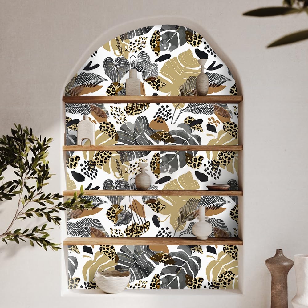17.7"x118" Vintage Brown Grey Leaf Wallpaper Tropical Palm Wallpaper Self Adhesive Leopard Spots Forest Leaves Contact Paper Wall Paper Mural for Bedroom Living Room TV Sofa Background Home Decoration