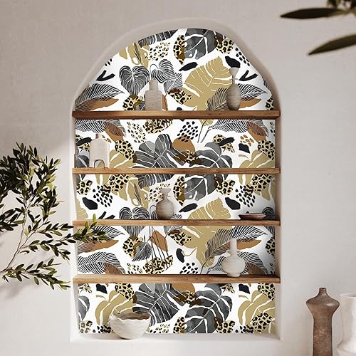 Miniatura 4 de Papel tapiz vintage de hojas grises y marrones de 17.7 x 118 pulgadas, papel tapiz autoadhesivo con palmeras tropicales, manchas de leopardo, hojas