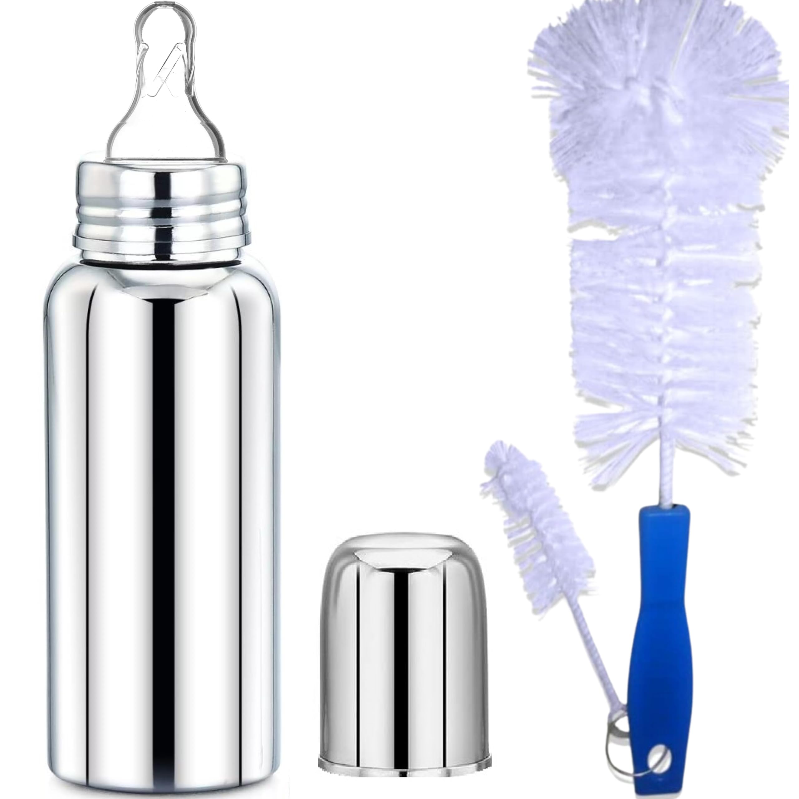 PGD Premium Stainless Steel Baby Feeding Bottle with Cleaning Brush for New Born Babies Infant Toddler Kid Regular Design Mirror Finish Plain Silver-image-24