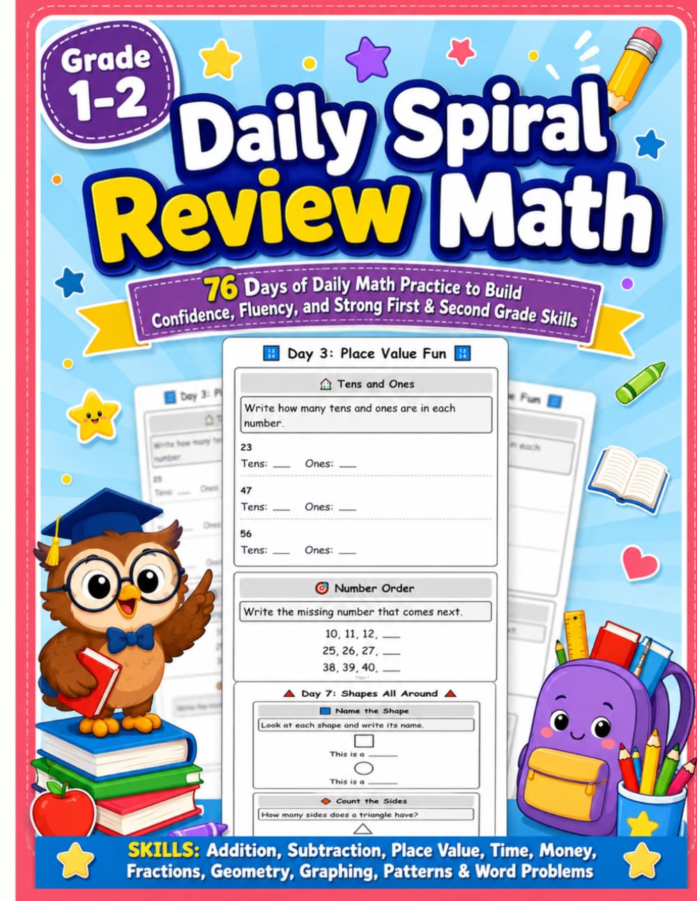 Daily Spiral Review Math 1st - 2nd Grade: Daily Math Practice, Mixed Math Review, Addition, Subtraction, Place Value, Time, Money, Geometry & Problem ... Ages 6-8 (Daily Spiral Review Math Series)