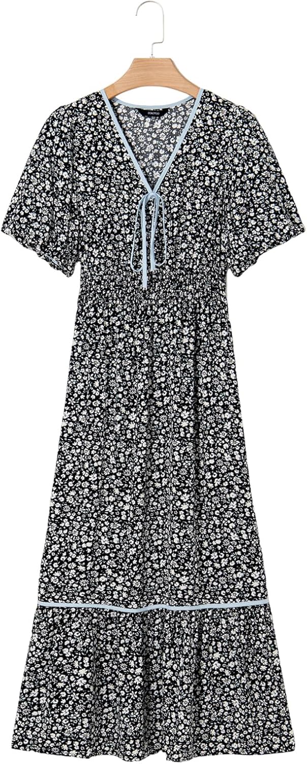 Dokotoo Womens Tie Front V-Neck Empire Waist Dress Summer Short Sleeve Smocked Wedding Guest Dress Floral Maxi Dresses - Image 5