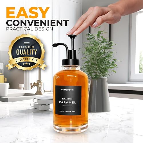 Miniatura 5 de Dispensador de jarabe para barras de café, juego de 2 botellas de jarabe de vidrio con bombas negras, 16.9 onzas, 16.9 fl oz, accesorios para barra