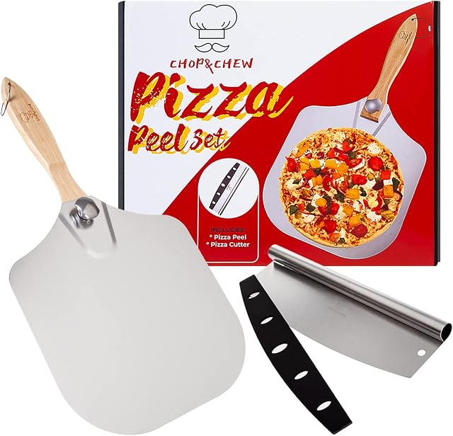 Pizza Peel Set, Aluminium Metal Pizza Paddle 12-inch X 14-inch with Pizza Cutter Rocker, Foldable Wooden Handle, Large Pizza Peel for Baking Bread & Cakes, Silver