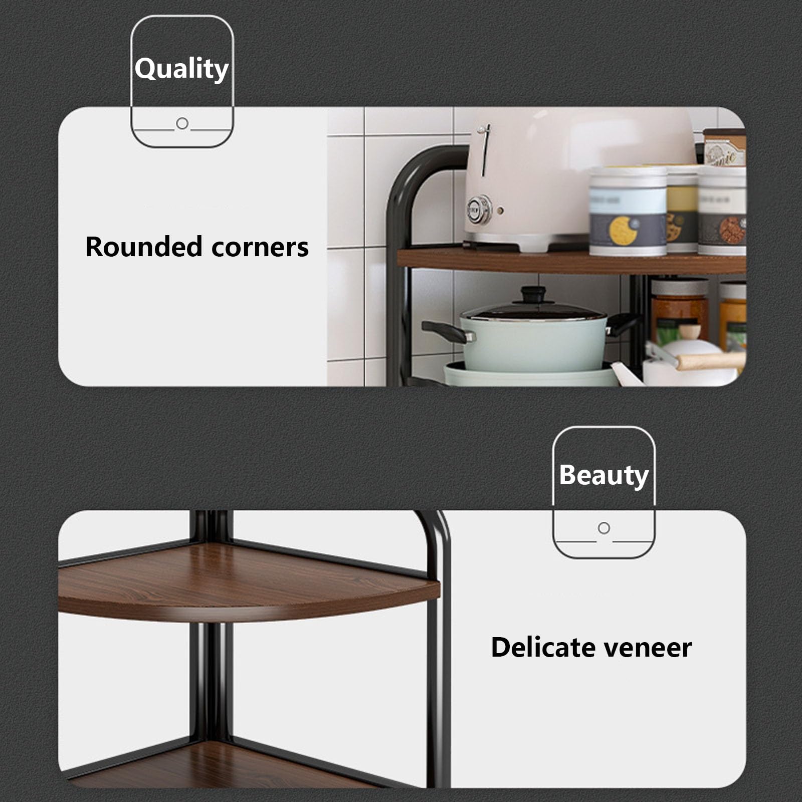 Scaffale Cucina Legno Scuro Scaffale per Cucina Salvaspazio Ripostiglio a più Livelli Angoli Arrotondati per Soggiorno, Camera da Letto(31.4 * 31.4 * 106cm)