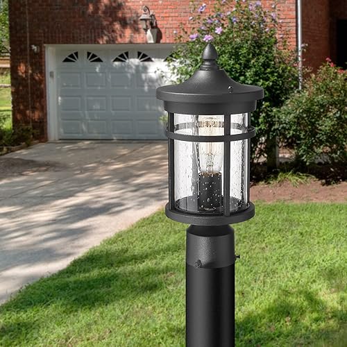Miniatura 4 de Lámpara de poste para exteriores, 9 pulgadas de diámetro, farol exterior grande y moderno con acabado negro y vidrio sembrado, iluminación de poste