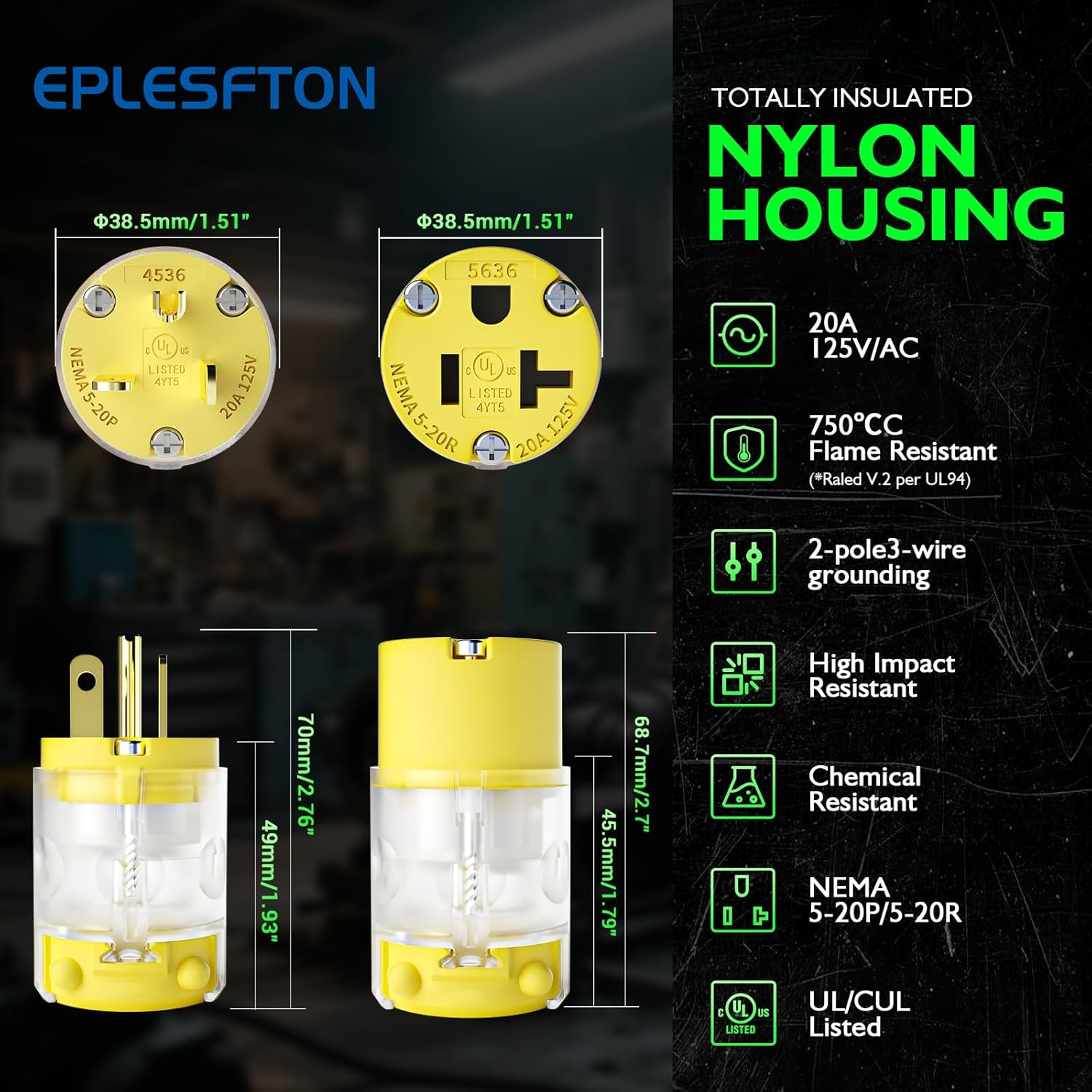 2 Set Lighted Cord End Replacement 20A 125V NEMA 5-20P*NEMA 5-20R, 2Pole 3Wire, Straight Blade, Male and Female Extension Cord Ends, Electrical Plug Replacement, UL Listed,Yellow