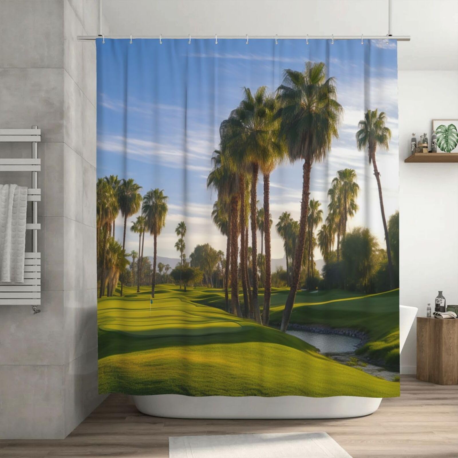 Rideau de douche imperméable palmier pour créer une ambiance de spa dans votre salle de bain