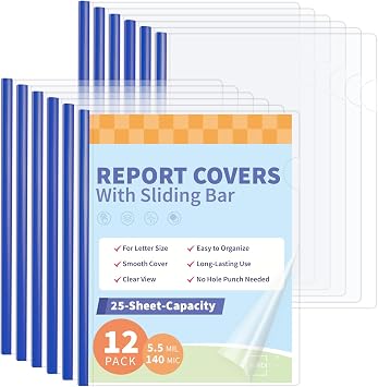 Binditek Clear Report Covers with Blue Sliding Bars,25 Sheet, 12 Pack | Clear Report Covers for A4 and Letter Size, 9mm Bars, 5.5 Mil Thick, Blue, for Resumes, Presentations, School and Business