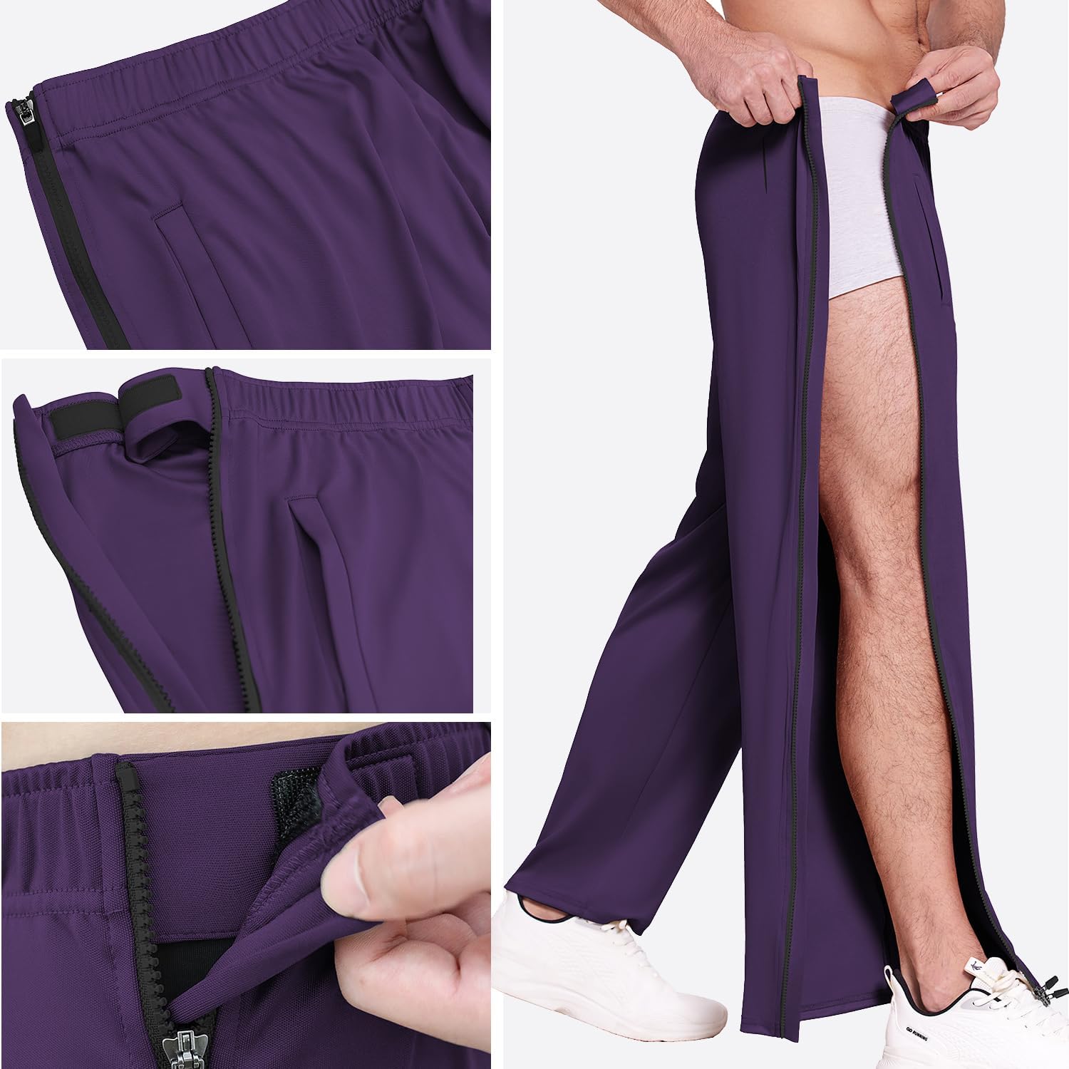 Deyeek Mens Tear Away Basketball Pants 2 Side Zippers Snap Off Full Open Down Sweatpants Leg Post Surgery Pant with Pockets - Image 2