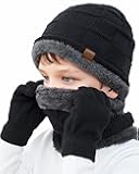 KMOLY Kids Winter Beanie Hat Scarf Touchscreen Gloves Set for Boys Girls 4-15 Years Warm Skull Cap Fleece Lined Knitted Hat