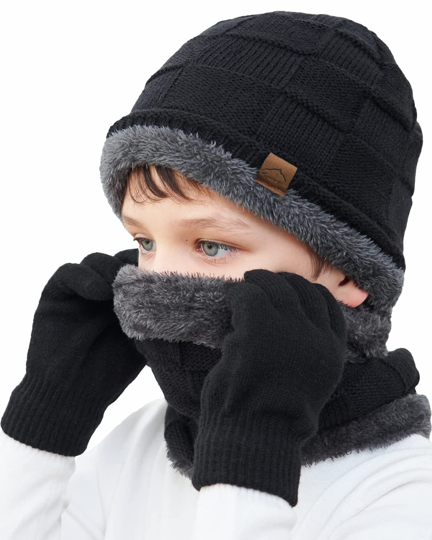 KMOLY Kids Winter Beanie Hat Scarf Touchscreen Gloves Set for Boys Girls 4-15 Years Warm Skull Cap Fleece Lined Knitted Hat (Black)