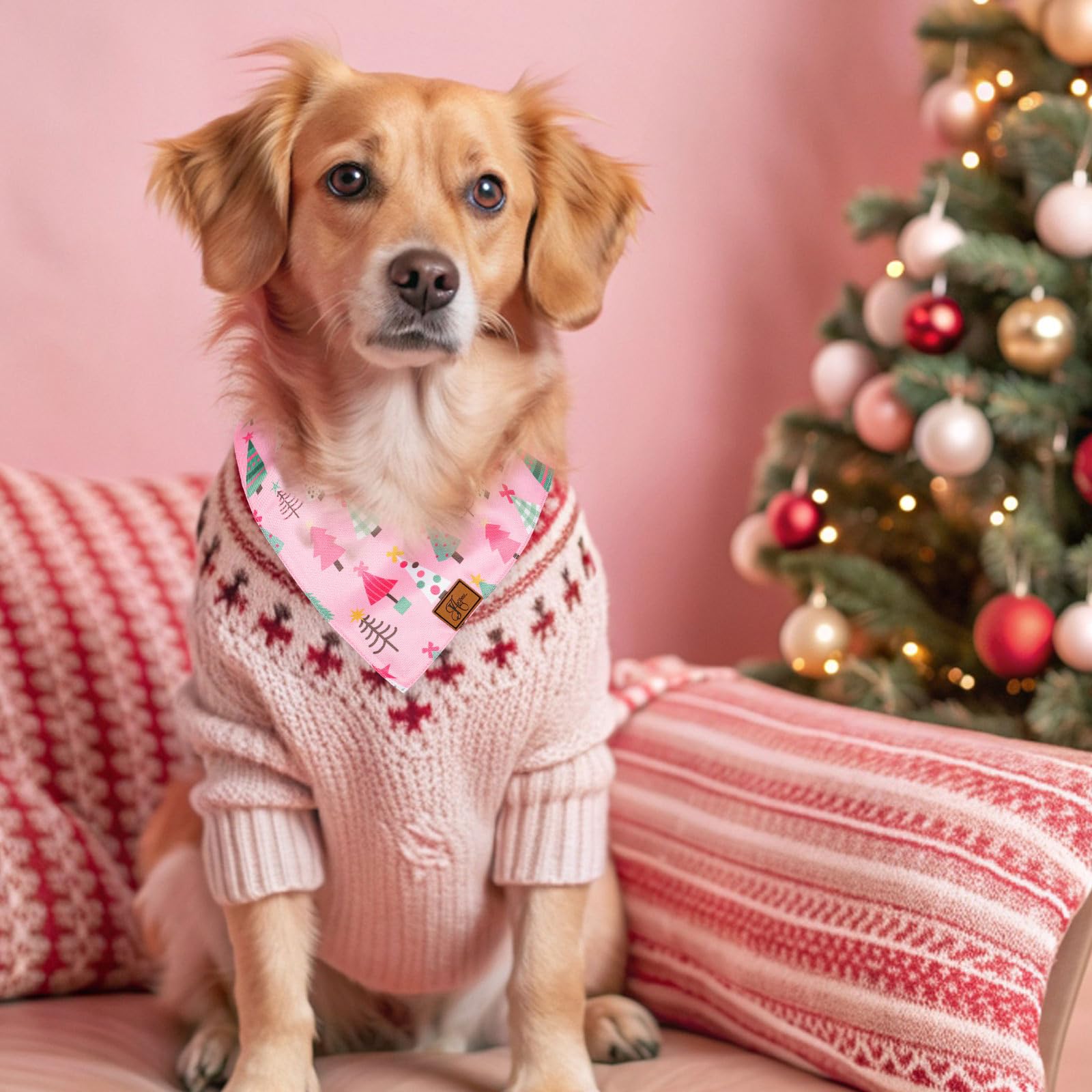 JarThenaAMCS Hundehalstuch, niedlicher Weihnachtsbaum, Schneeflocken-Druck, Stoff, mittlere Größen, verstellbar, Haustier-Halstuch, Hunde-Lätzchen für Kostüm-Zubehör, 2 Stück
