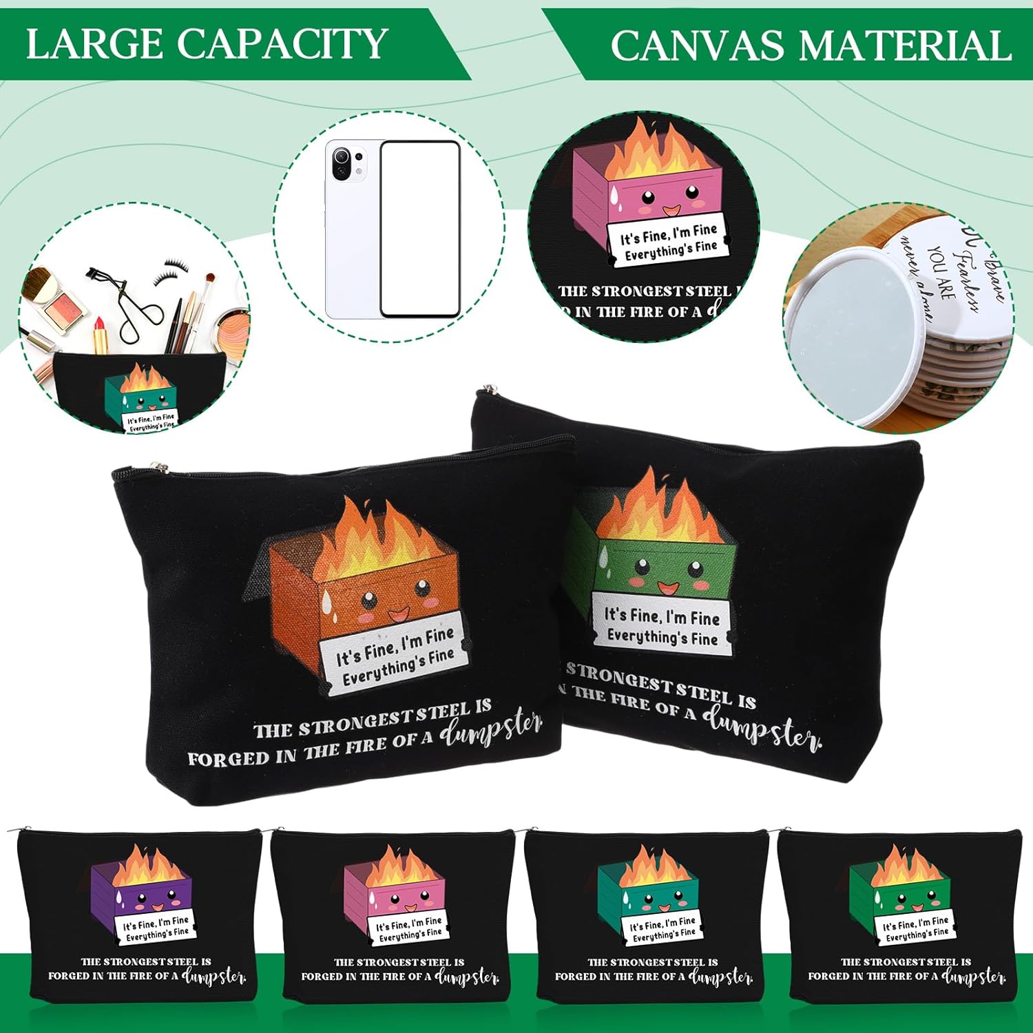 Reginary 12 Pcs Dumpster Fire Makeup Bags Bulk Funny Gifts Employee Inspirational Cosmetic Bag Gifts for Graduation Teacher Coworker Staff