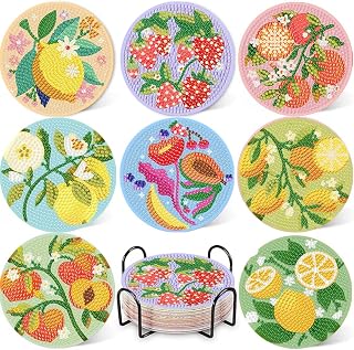 DIY Diamond Painting Coasters Set of 8 with Holder, Fruit 5D Diamond Art Coasters Kits for Adults, Round Drill Lemon Strawberry Orange Cup Crafts, Housewarming Gifts for Women