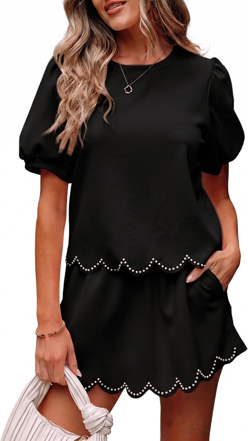 MARZXIN Womens 2 Piece Skort Set Puff Sleeve Pearl Embellished Scallop Trim Shorts Set Comfy Lounge Set Casual Summer Outfit