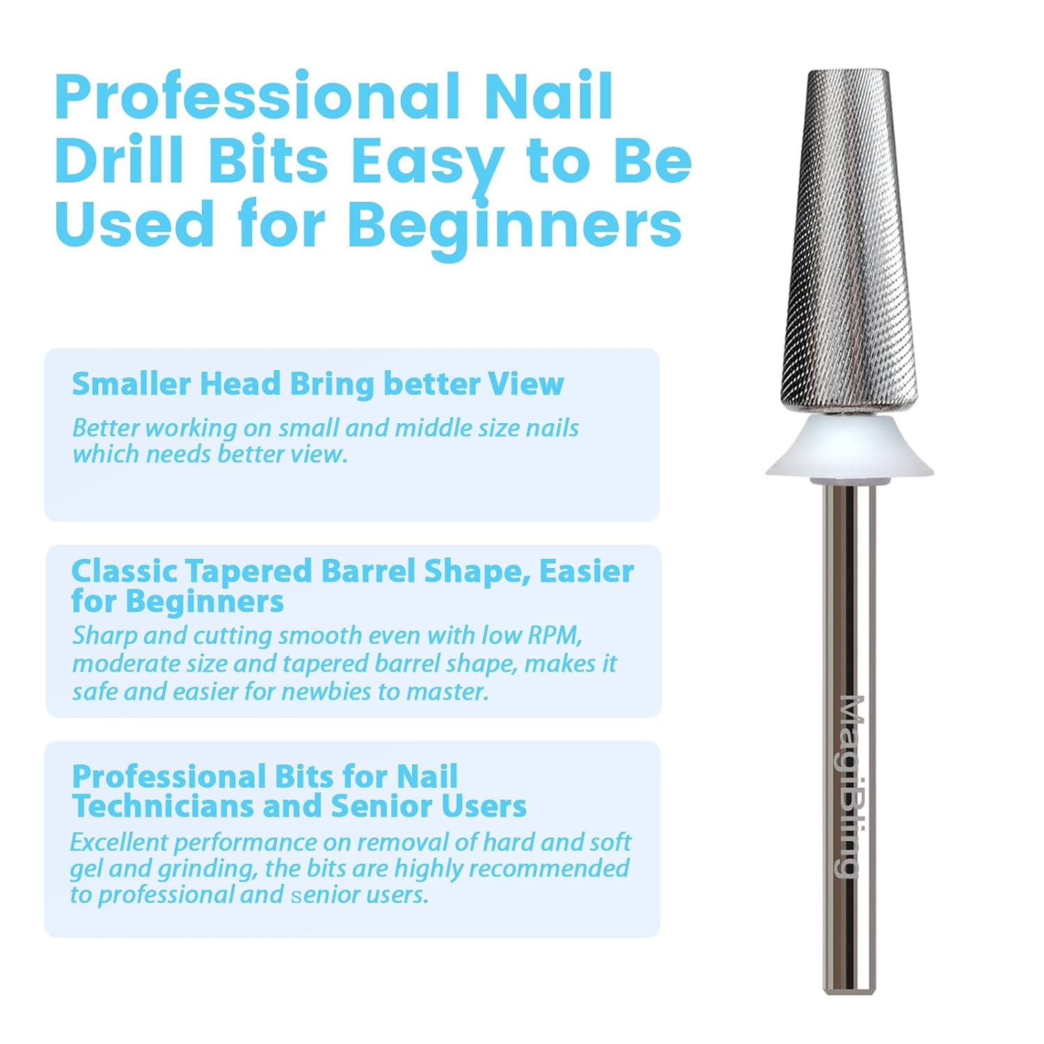 3XF Tapered Barrel Nail Drill Bit, 3/32" Cross-Cut Tungsten Carbide Safety E-File Bit, Low-Vibration for Sensitive Nails & Thin Gel Acrylic Removal, Two-Way Rotation for Nail techs and Beginners
