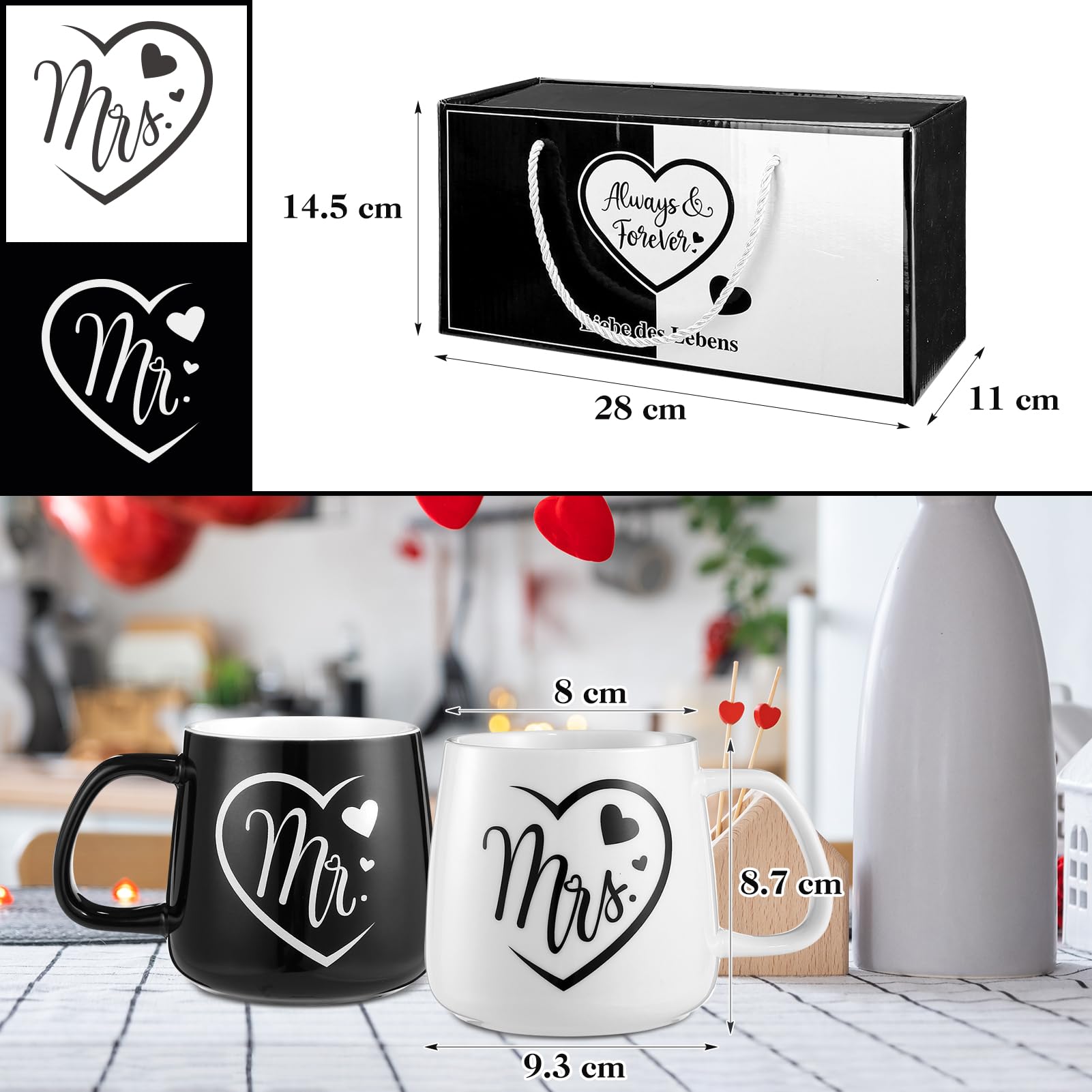 LIHAO Mr i Mrs Filiżanki dla pary, dla pary, na ślub, zaręczyny, do kawy, na rocznicę ślubu, 2 sztuki