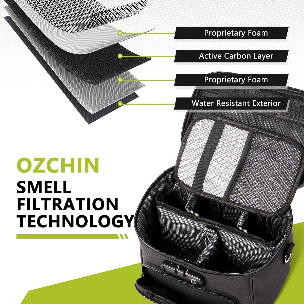 OZCHIN Sac anti-odeurs avec serrure à combinaison, boîte anti-odeurs, accessoires de fumage en fibre de carbone activé, récipient anti-odeurs, excellent cadeau pour la fête des pères, sac anti-odeurs