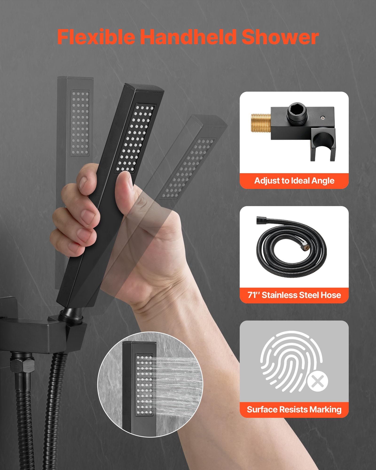 VEVOR Set Doccia, Flessibile Sistema Doccia a Pioggia per Bagno con Soffione Quadrato da 30,5 cm e Doccetta, Accessori per Vasca da Parete con Valvola in Ottone e Kit di Finitura, Nero Opaco