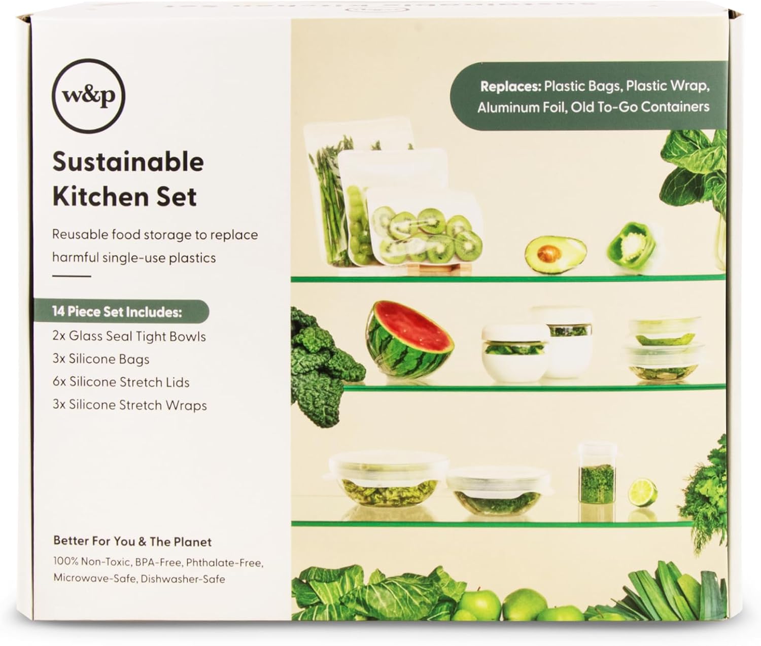 W&P Sustainable Kitchen Set, 14 Pieces (Seal Tight Bowls, Silicone Bags, Stretch Lids & Stretch Wrap) Non-Toxic, Microwave-Safe, Dishwasher-Safe