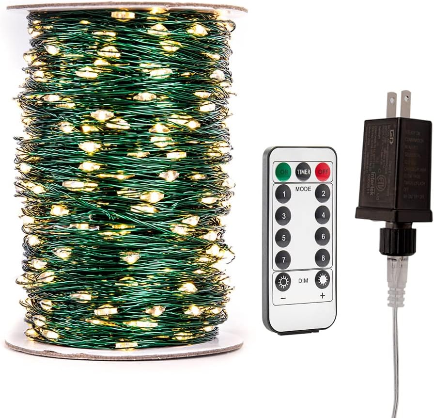 Green Wire Fairy Lights Plug in 100FT High Bright 300 LED Waterproof LED String Lights with Remote Warm White for Christmas Tree, Patio, Garden, Backyard