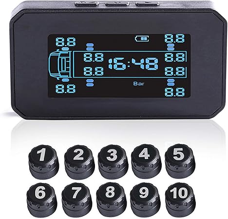 Amazon 21年最新バージョン 10輪トラックtpms 空気センサータ イヤ圧力検出器 自動アラームタイヤ圧力モニター ソーラー Usbデュアル充電 10輪トラック車空気圧温度監視システム 0 9barバール のトラック エアゲージ 車 バイク