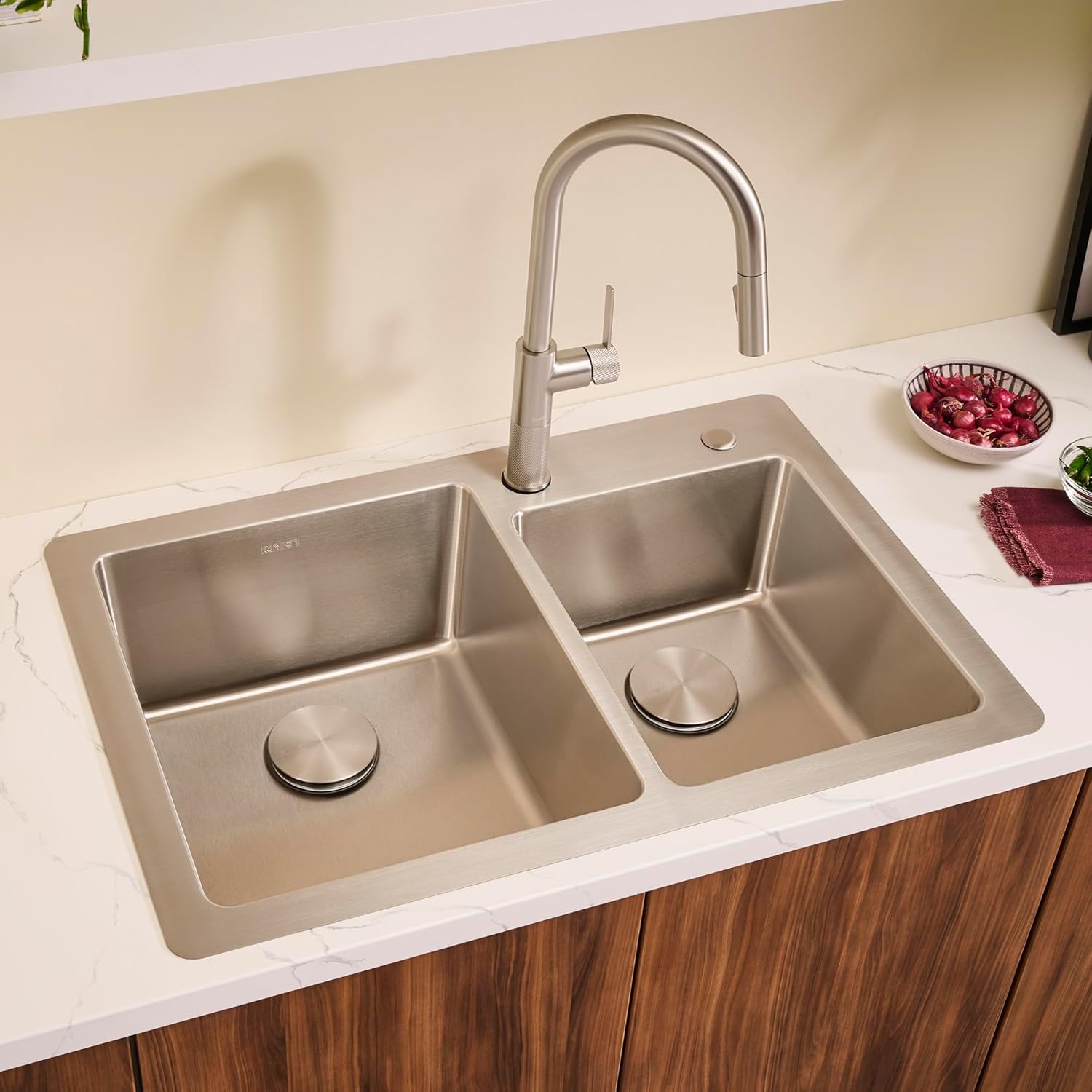 Ruvati 33 x 22 inch Drop-in Topmount Kitchen Sink - 16 Gauge Stainless Steel 60/40 Double Bowl Kitchen Sink with Brushed Finish hides scratches, Easy-to-Clean Drop-in kitchen Sink - RVM5166