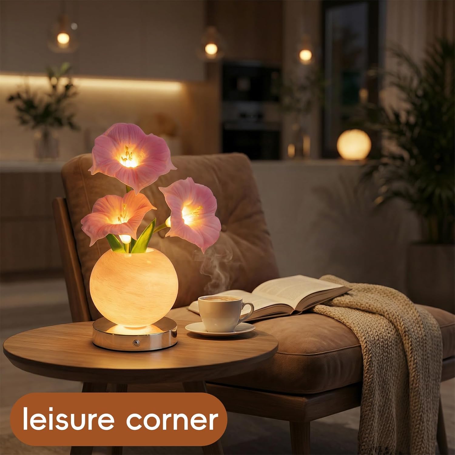 Pink Morning Glory Lamp – Rechargeable Wireless Touch-Control Dimmable Faux Flower Desk Light, LED Glass Planet Vase Night Light, Kitchen Bedroom Office Decor, Housewarming Gift Women and Mom