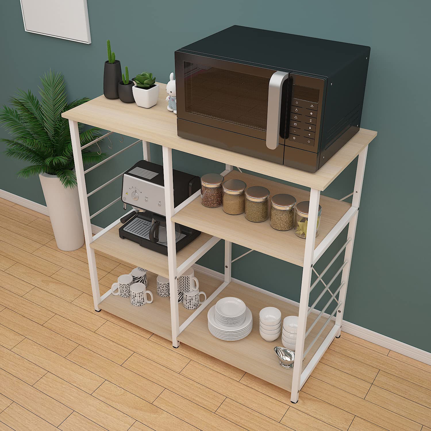 DlandHome Etagères de Cuisine pour Le Stockage, Meuble Rangement Desserte de Cuisine avec 3+3 Tablettes pour Micro-Ondes, Four, Outils de Cuisine, 90L * 39W * 83H cm Érable