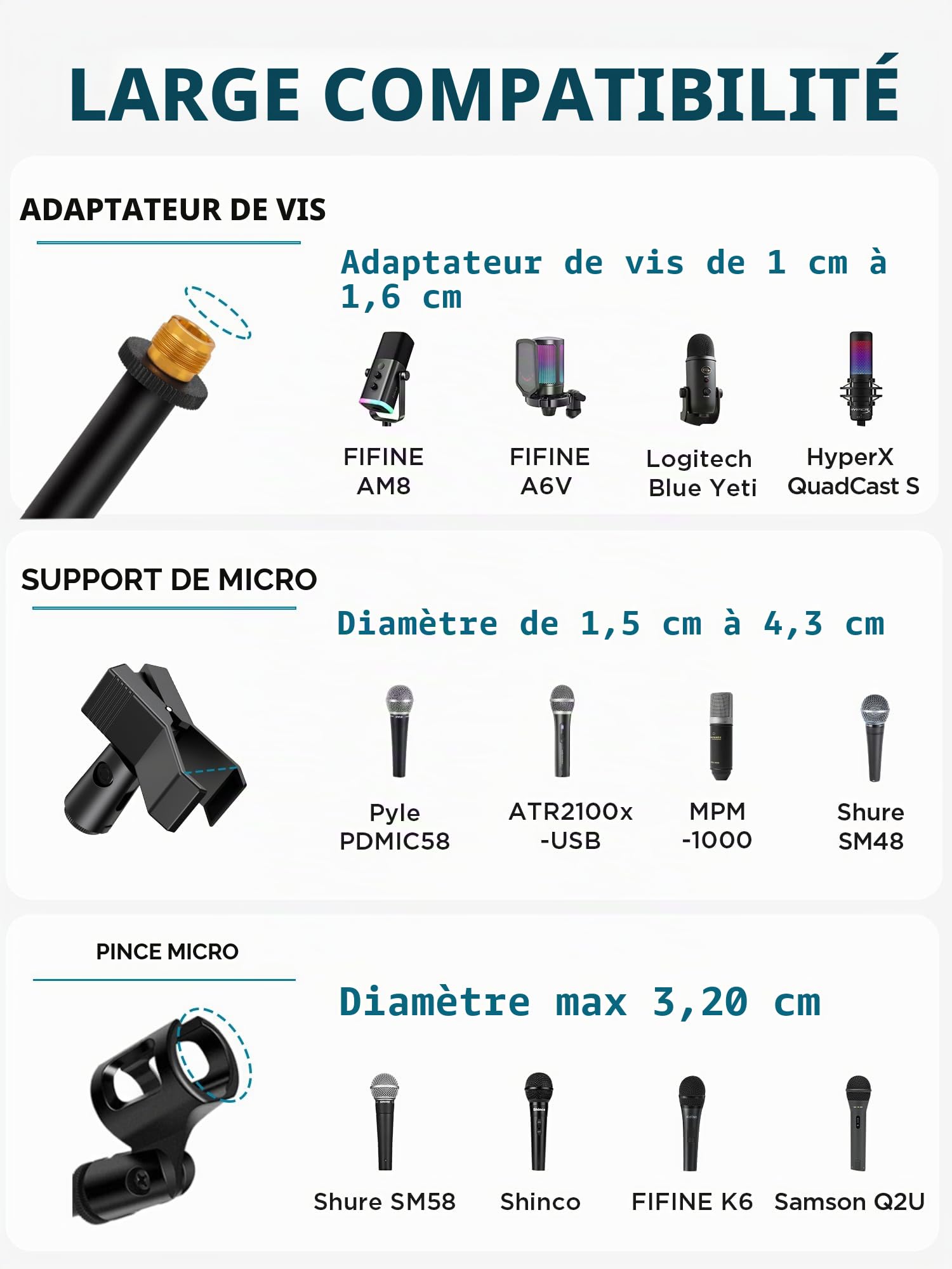 InnoGear Support de microphone, trépied avec bras de suspension réglable en hauteur avec sac de transport, 2 clips de micro, adaptateur de 9,5 mm à 15,8 mm pour chant, podcast pour Blue Yeti, Shure