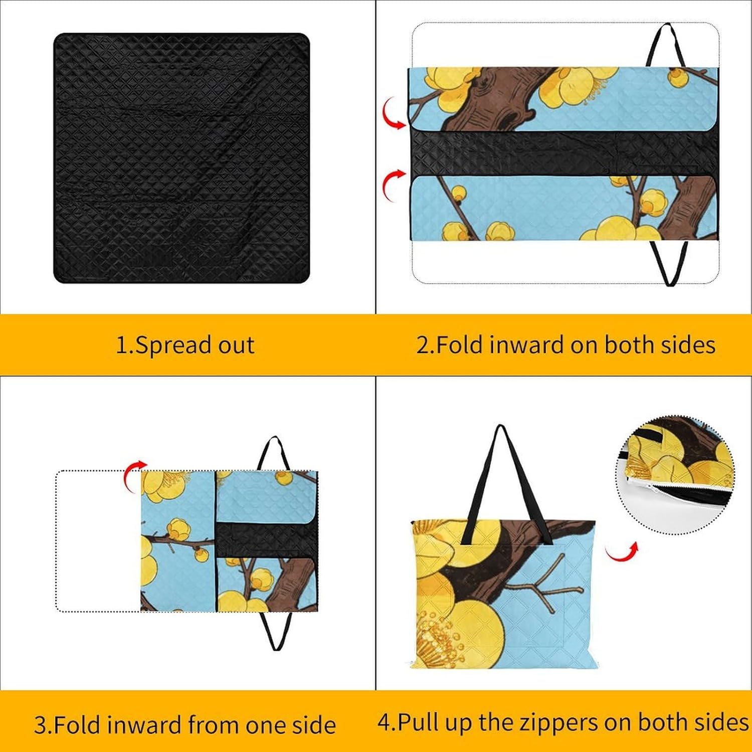 Yellow Plum Blossom Picnic Blanket with Zipper Water Resistant Sand Free Picnic Mat Washable Foldable Easy Carry Beach Blanket for Lawn Beach Hiking Camping