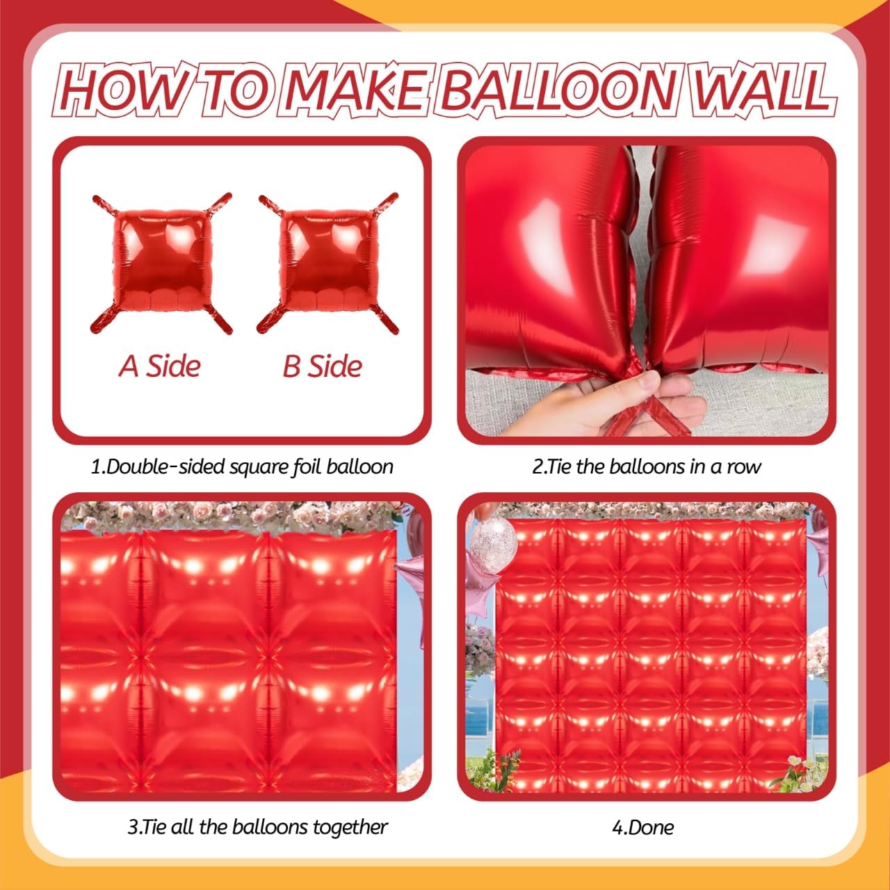 25PCS Red Square Foil Balloons Wall Backdrop, Reusable DIY Mylar Double Side Balloons Garland Tunnel Arch Kit for Anniversary Bachelorette Game Engagement Halloween Party Decor image 2