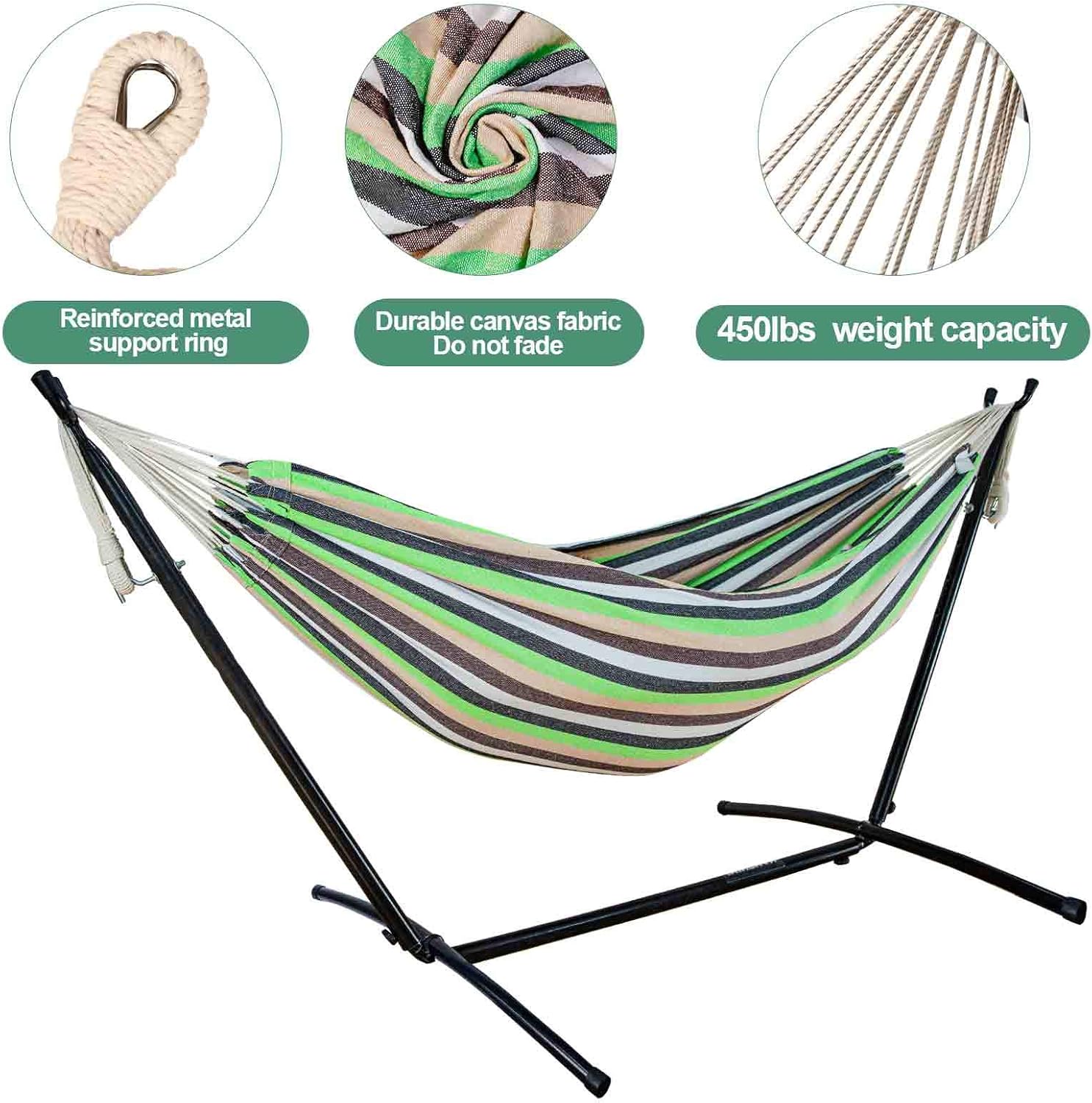 Kanchimi Hammock with Stand,Max Load 450lbs,Portable Double Hammock for para Patio,Indoor Outdoor Hammock with Stand 2 Person Heavy Duty,Premium Carrying Case Included（Green Grey）