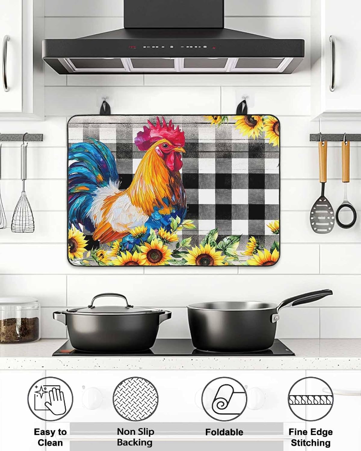 Stove Top Cover Sunflower Rooster Stove Cover for Electric Stove Top Farm Animal Black Buffalo Plaid Glass Cooktop Covers Anti-Slip Mat Heat Resistant Countertop Protector Home Kitchen Decor 31"x24"