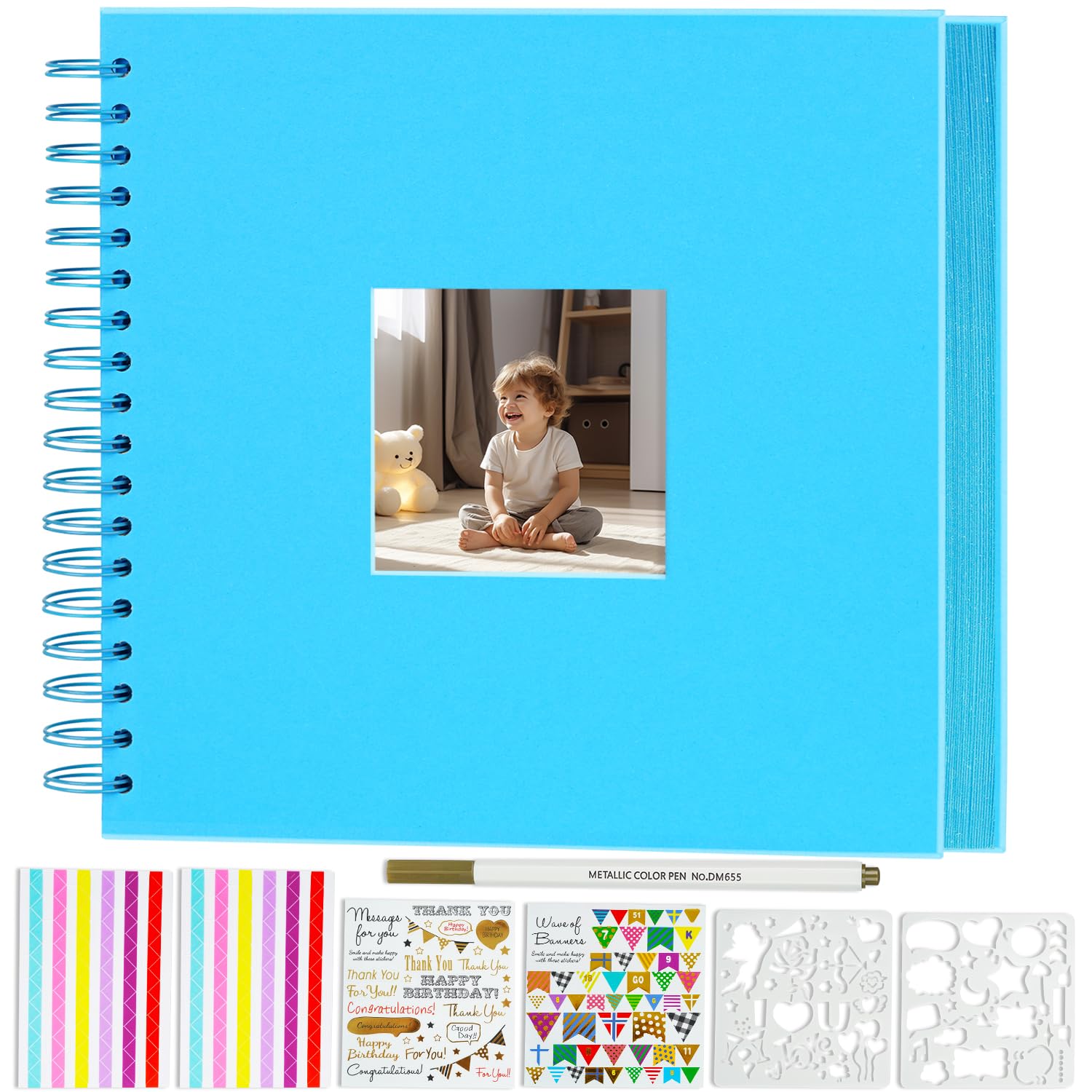 Miaikoe 20.5x20.5 cm DIY Scrapbook Album with Window Hardcover Kraft Blank Paper Scrap Book with 20 Sheets Photo Album for Guest Book Family Wedding Anniversary (Blue)