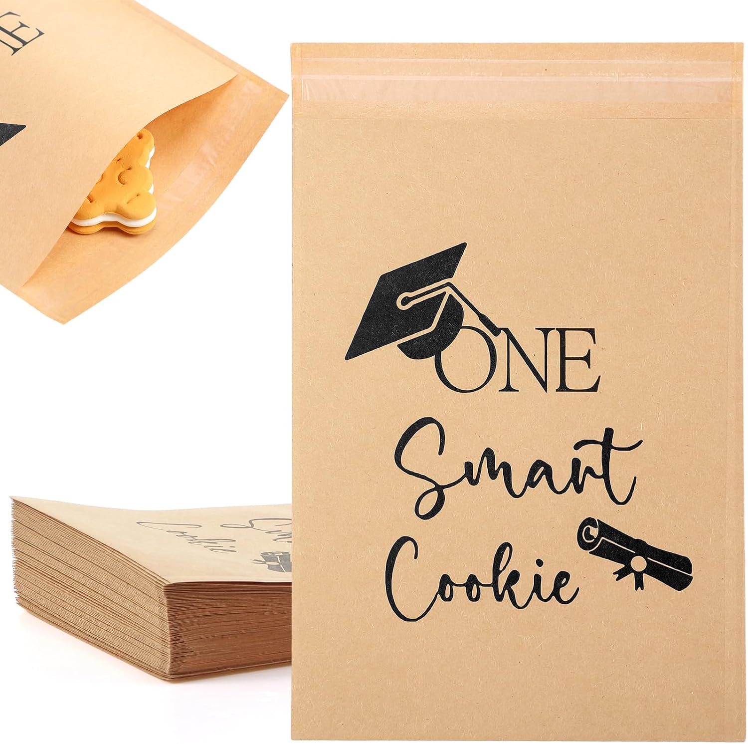Mooliwe 100 Pack 2026 Graduation Candy Cookie Gift Bags One Smart Cookie Self-adhesive Buffet Treat Bags Kraft Paper Congrats Grad Party Favors for Graduation Party Decoration Supplies(Brown)