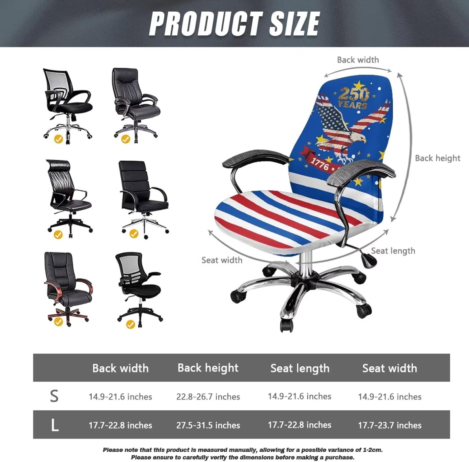 250 Anniversary America's Eagle Office Chair Cover 4th of July Decor Washable Stretchable Desk Chair Cover Office Seat Slipcover 1 Piece High Back Suitable for Computer Chairs with Armrests