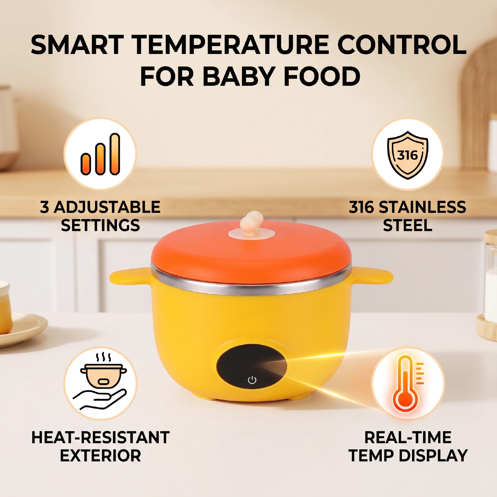 Naroote Calienta Comida Bebé Inteligente 3 Niveles 316 Acero Inox (YELLOW)