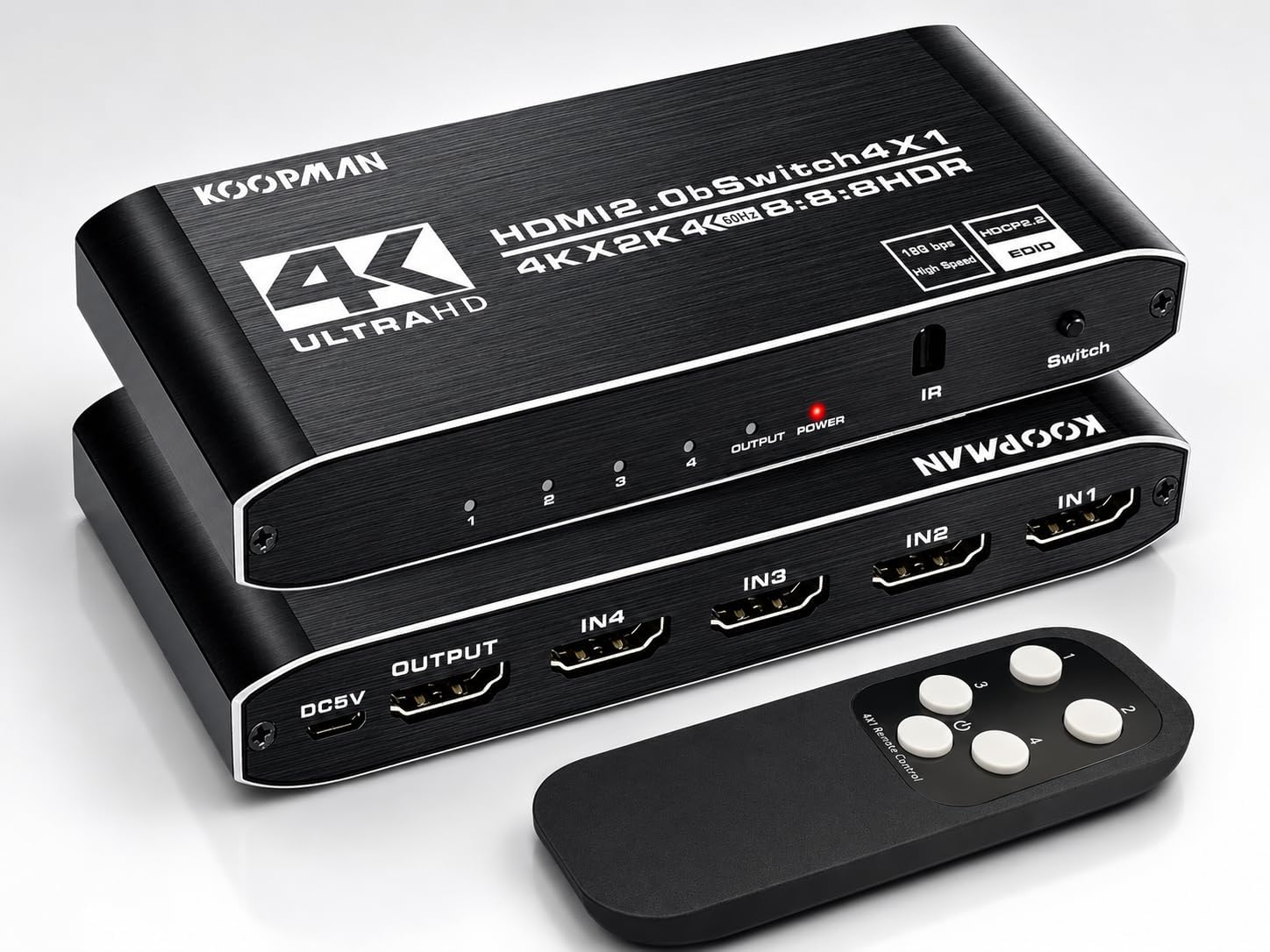 4k HDR HDMI Switch, Koopman 4 Ports HDMI 2.0 Switcher Selector with IR Remote Control, Supports HDCP 2.2 4K@60Hz UltraHD HDR10 3D HD1080P Dolby DST, HDMI Splitter for PS4 Xbox Apple TV Fire Stick