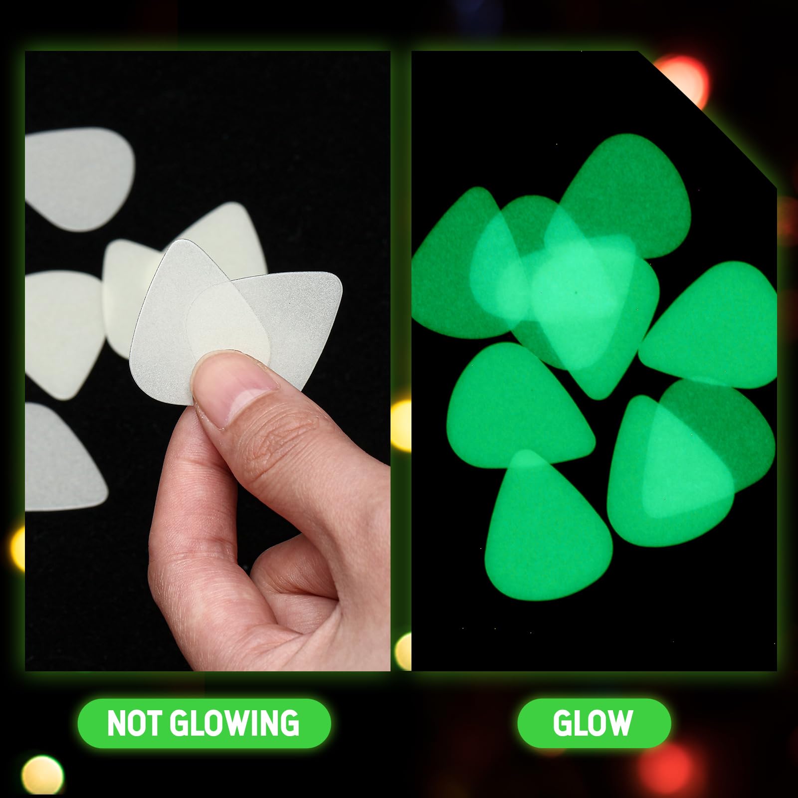 15 plettri per chitarra che si illuminano al buio, in celluloide, 3 misure 0,5, 0,75, 1,0 mm, sottili, medio-pesanti, per basso elettrico e acustico, ukulele