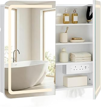 CLIPOP Bathroom Cabinet with Mirror 2-Door Bathroom Wall Cabinet with Shaver Socket & LED Lights, Anti-Fog Mirrored Storage Unit Round Corner with 6 Storage Shelves, Built-in Tissue Shelf white