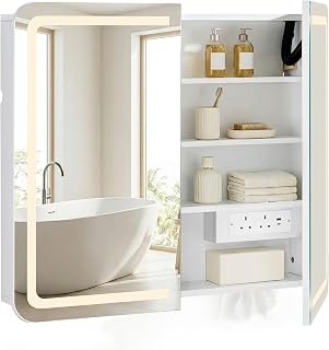 Bathroom Cabinet with Mirror 2-Door Bathroom Wall Cabinet with Shaver Socket & LED Lights, Anti-Fog Mirrored Storage Unit Round Corner with 6 Storage Shelves, Built-in Tissue Shelf (white)